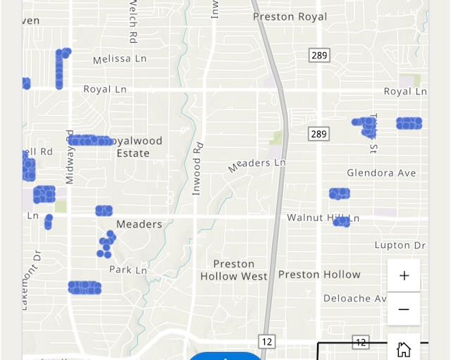 Map of Dallas homes losing alley trash pickup, concentrated in District 13