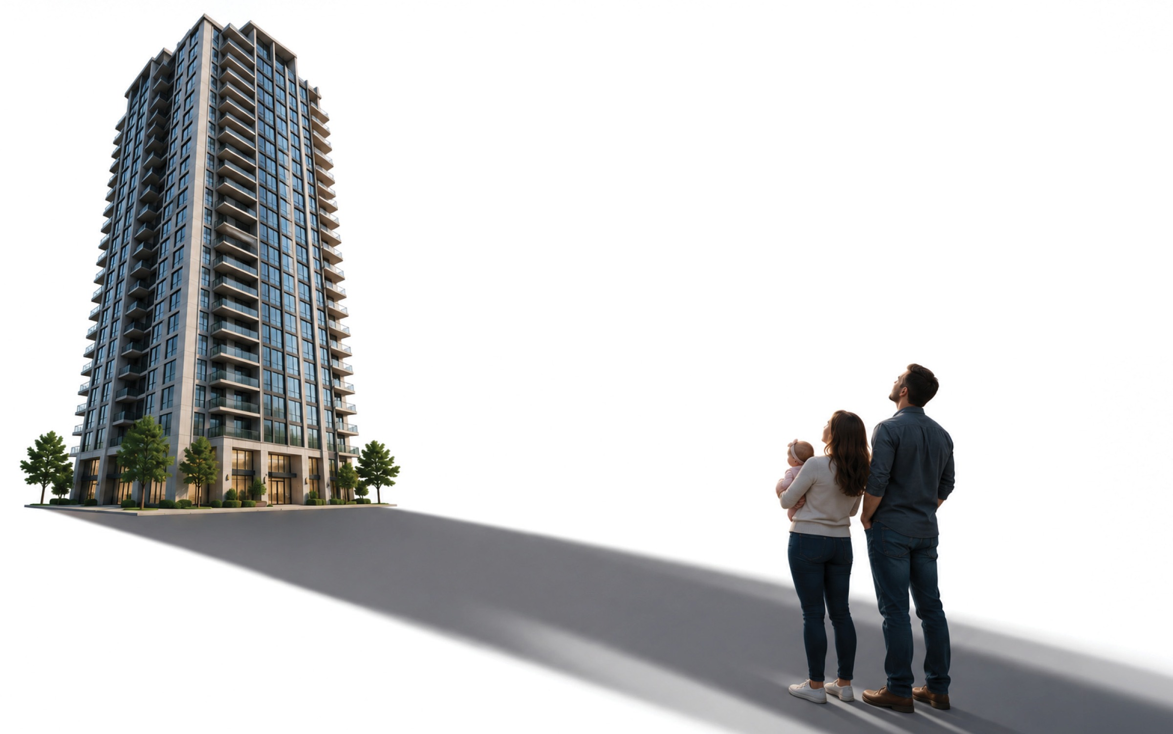 A young family looks up at a high-rise tower casting a long shadow over their neighborhood
